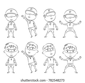 Set of superheroes cartoon character outline in different pose