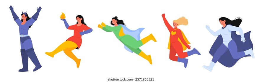 Set of superheroes concept. Women and girls in capes and costumes. Imagination, dream and fantasy. Children with superpower. Cartoon flat vector collection isolated on white background