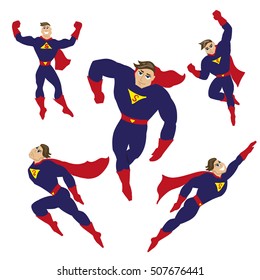 Set of superheroes in different poses. Flying man in costume of super hero, defender. Power, strength and justice concept. Vector illustration isolated on white background.