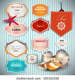 Set of Superior Quality and Satisfaction Guarantee Badges, Labels, Tags with shells and place for text. Retro vintage style.