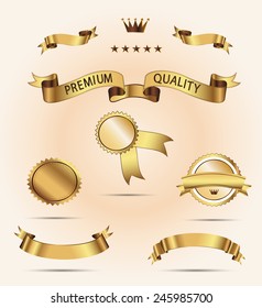 Set of Superior Quality and Satisfaction Guarantee Ribbons, Labels, Tags. Set of golden vector ribbons for your text