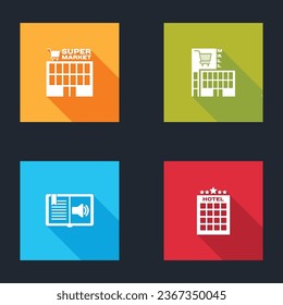 Set Supermarket building, Mall or supermarket, Audio book and Hotel icon. Vector