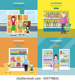 Set of supermarket concept web banners. Flat design. Women, child, man characters near shelves with food, drinks, household chemistry in store. Consumers choice and supermarket assortment illustrating