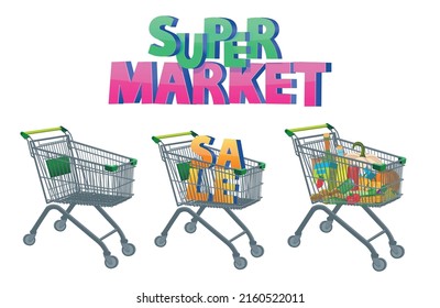 Set of supermarket food cart on a white background. Empty supermarket cart, food cart with sale letters, food cart with foodstuffs. Vector illustration