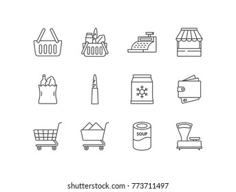 Set of supermarket, grocery store line icons set with basket, cash register, pepper bag, baguette, frozen product, wallet, cart, canned food, scales.