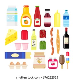 Set of supermarket and grocery store products. Food and drink flat illustrated icons.