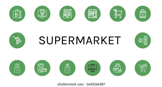 Set of supermarket icons. Such as Shopping bag, Online shopping, Cashier, Shop, Shopping cart, Bag, Ecommerce, Buying, Trolley , supermarket icons