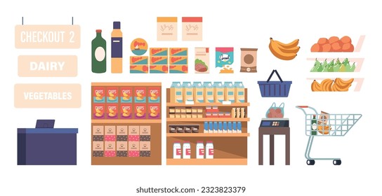 Set Of Supermarket Interior Items, Including Shelving Units, Shopping Carts, Cash Register, Product Display And Checkout