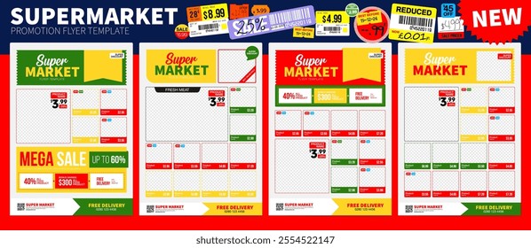 Set of Supermarket product promotion flyer template. Shop poster design. Grocery Ads. Supermarket flyer with discounts. Vector illustration 