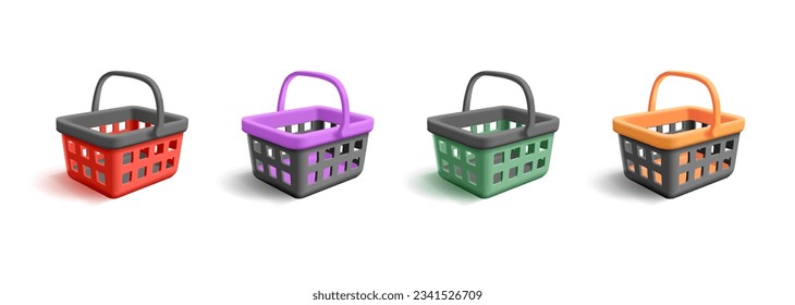 Conjunto de cestas de compras de supermercados, ilustraciones de estilo 3d de renderización en diferentes colores de marca