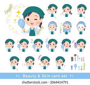 A set of Supermarket staff woman on beauty.There are various actions such as skin care and makeup.It's vector art so easy to edit.