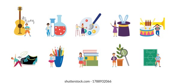 Conjunto de suministros para niños hobbies creativos e intereses externos ilustración vectorial plana aislada en fondo blanco. Iconos de actividad extracurricular del deporte y el arte.