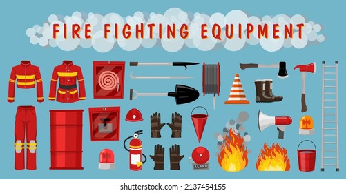 Set of supplies for firefighter. vector illustration. Fire safety and protection flat style. Save life and brave people concept.