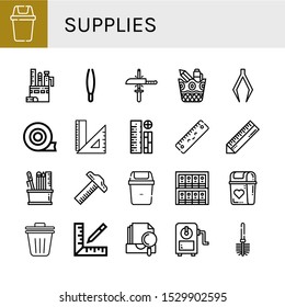 Set of supplies icons. Such as Bin, Stationery, Tweezers, Sharpening, Duct tape, Rulers, Ruler, Pencil case, Binders, Trash bin, Archive, Sharpener, Toilet brush , supplies icons