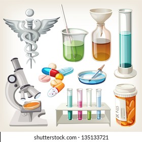 Set of supplies used in pharmacology for preparing medicine.