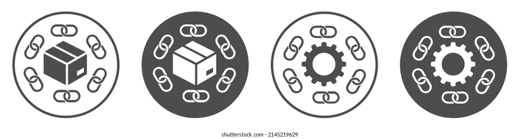 Set von Symbolen für die Lieferkette. Logistik- und Liefersymbol. Getriebe, Kette und Box im Kreis. Lieferkettenvektor.