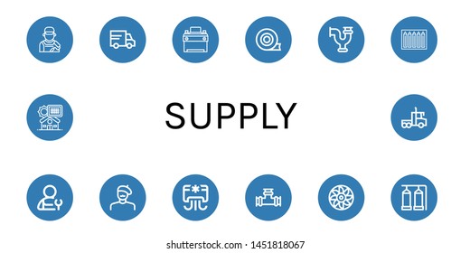 Set Of Supply Icons Such As Painter, Lorry, Car Battery, Duct Tape, Pipe, Color Pencils, Plumber, Air Conditioner, Turbine, Storage Tank, Solar Panel , Supply