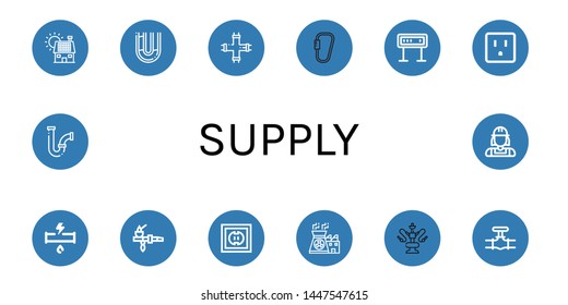 Set of supply icons such as Solar panel, Pipe, Carabiner, Panel, Socket, Broken pipe, Nuclear power, Water pipe, Pipes, Plumber , supply