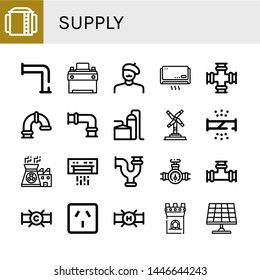 Set of supply icons such as Storage tank, Pipe, Car battery, Painter, Air conditioner, Wind turbine, Broken pipe, Nuclear power, Socket, Tower, Solar panel , supply