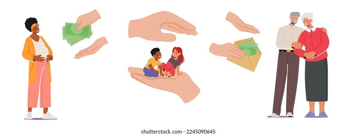 Set Support, Assistance And Help For Family. Social Policy For Pregnant Woman, Seniors and Kids Concept. Hands Protecting, Caring About Mother, Old Couple and Children. Cartoon Vector Illustration