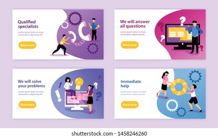 Set of support call centre horizontal banners with read more buttons text description symbols and people vector illustration