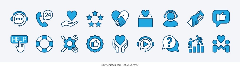Set of support center icon. Contains help care, technical service call, charity donate, handshake heart, friendship, assistance, question, buoy, live chat, volunteer, rating feedback, recommended