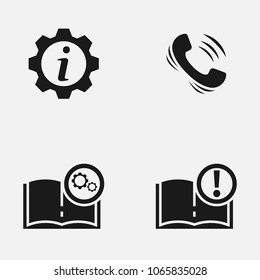 Set of support flat vector icons isolated on white background. Info sign, handset and manual illustration.