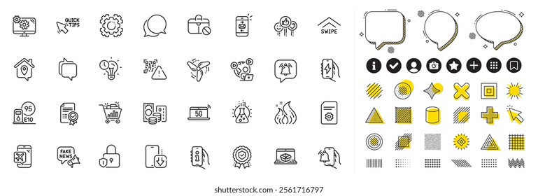 Set of Support, Flight mode and Video conference line icons for web app. Design elements, Social media icons. Mail, Lock, Settings icons. Jobless, Fake news, Chemistry lab signs. Vector