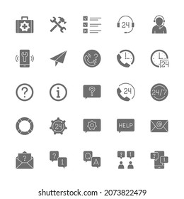 Set of Support Grey Icons. Call Center, Chat Message, Contact and more.