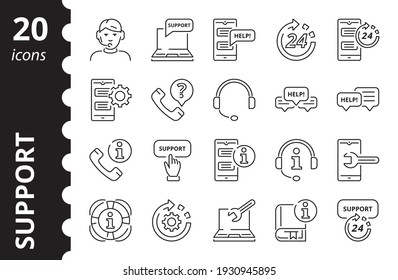 Un conjunto de iconos de soporte. Centro de llamadas. Caracteres lineales en un vector.