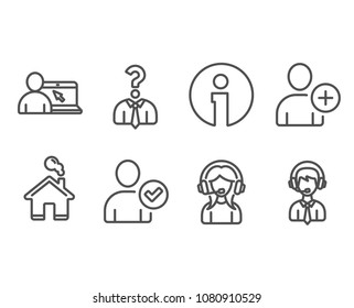 Set of Support, Online education and Identity confirmed icons. Hiring employees, Add user and Shipping support signs. Call center, Internet lectures, Person validated. Vector