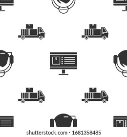 Set Support operator in touch, Computer monitor with app delivery tracking  and Delivery truck with cardboard boxes on seamless pattern. Vector