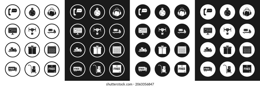 Set Support operator in touch, Delivery drone with the package, Computer monitor app delivery tracking, Telephone speech bubble chat, Post truck, Worldwide, Calendar and cardboard boxes icon. Vector