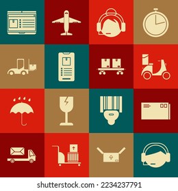 Set Support operator in touch, Envelope, Scooter delivery, Mobile phone with app tracking, Forklift truck, Laptop and Railway carriage icon. Vector