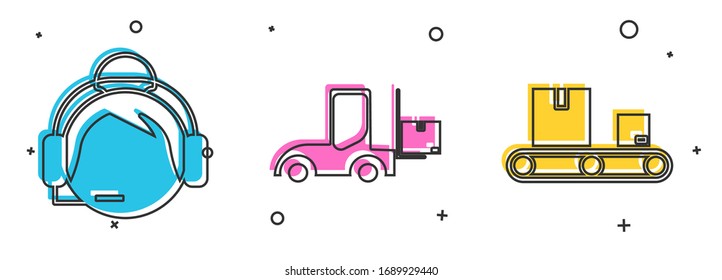 Set Support operator in touch, Forklift truck  and Conveyor belt with cardboard box  icon. Vector