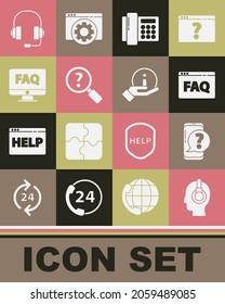Set Support operator in touch, Mobile phone with question, Browser FAQ, Telephone, Unknown search, Computer monitor and, Headphones and Information icon. Vector