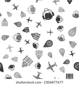 Set Support operator in touch, Plane , Placeholder on map paper and Scanner scanning bar code  on seamless pattern. Vector