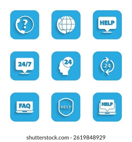 Set Support operator in touch, Shield with text Help, Laptop and help, Telephone 24 hours support, FAQ, Clock, Speech bubble and  icon. Vector