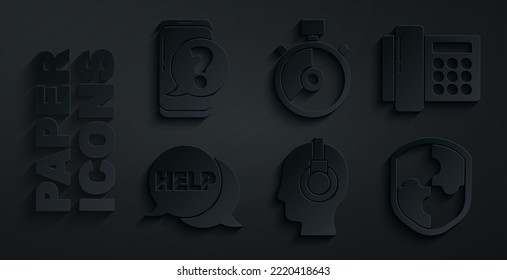 Set Support operator in touch, Telephone, Speech bubble with text Help, Shield, Stopwatch and Mobile question icon. Vector