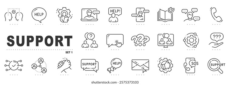 Set of support related line icons. Customer service, help, call etc. Editable stroke.