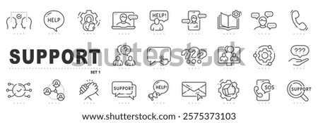 Set of support related line icons. Customer service, help, call etc. Editable stroke.