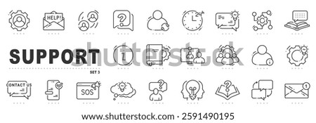 Set of support related line icons. Customer service, help, call etc. Editable stroke. Set 3