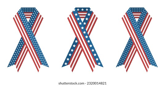 Set of support ribbons with American Flag. Clipart for USA Independence and Memorial day. Isolated vector illustration.