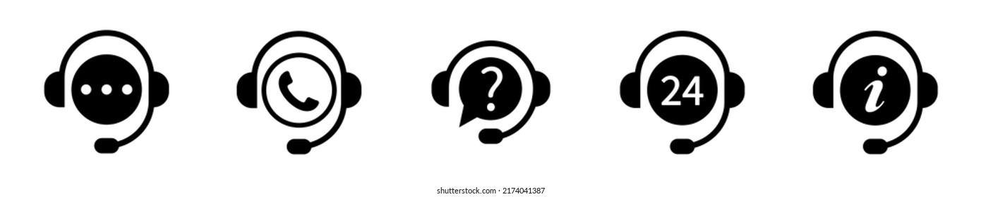 Set of support service icons. Support service. Support service with headphones. Customer Support Icon. Call center symbols. Vector illustration