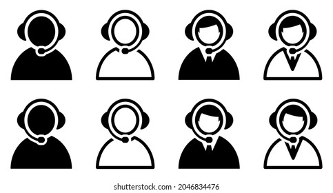 Set of support service icons. People with headphones, live chat symbol, call center. Hotline, customer advice, online web support. Vector.