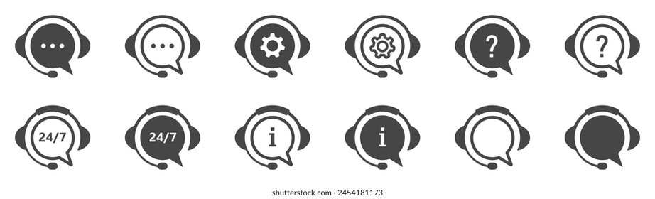Set of support service icons. Speech bubbles with headphones, live chat symbol, call center. Hotline, customer advice, online web support. Vector.