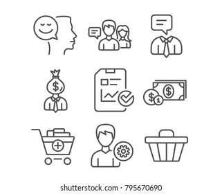 Set of Support service, Manager and People talking icons. Good mood, Support and Report checklist signs. Dollar money, Add products and Shop cart symbols. Human talking. Work profit. Contact service