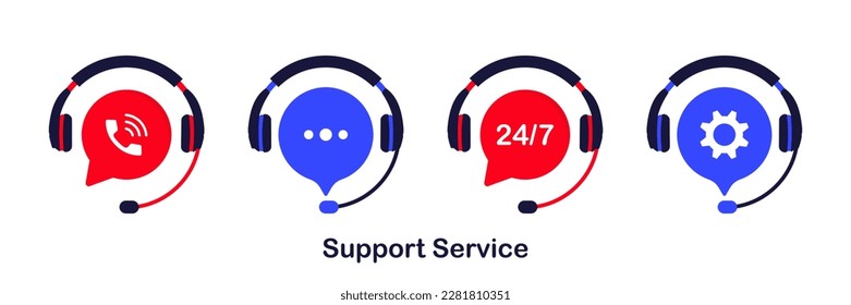 Set of Support service symbols. Hotline support service. Tech support. Call center, hotline client consultation. Consultation, consultant, secretary. Vector illustration