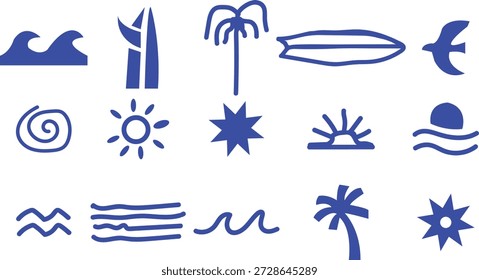 Conjunto de Vector de surf y playa con Elementos tropicales, olas azules de verano y playa, tabla de surf, palmera, sol, estrella