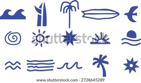 Set of Surf and beach icon vector set with tropical elements, blue summer and beach icons waves, surfboard, palm tree, sun, star